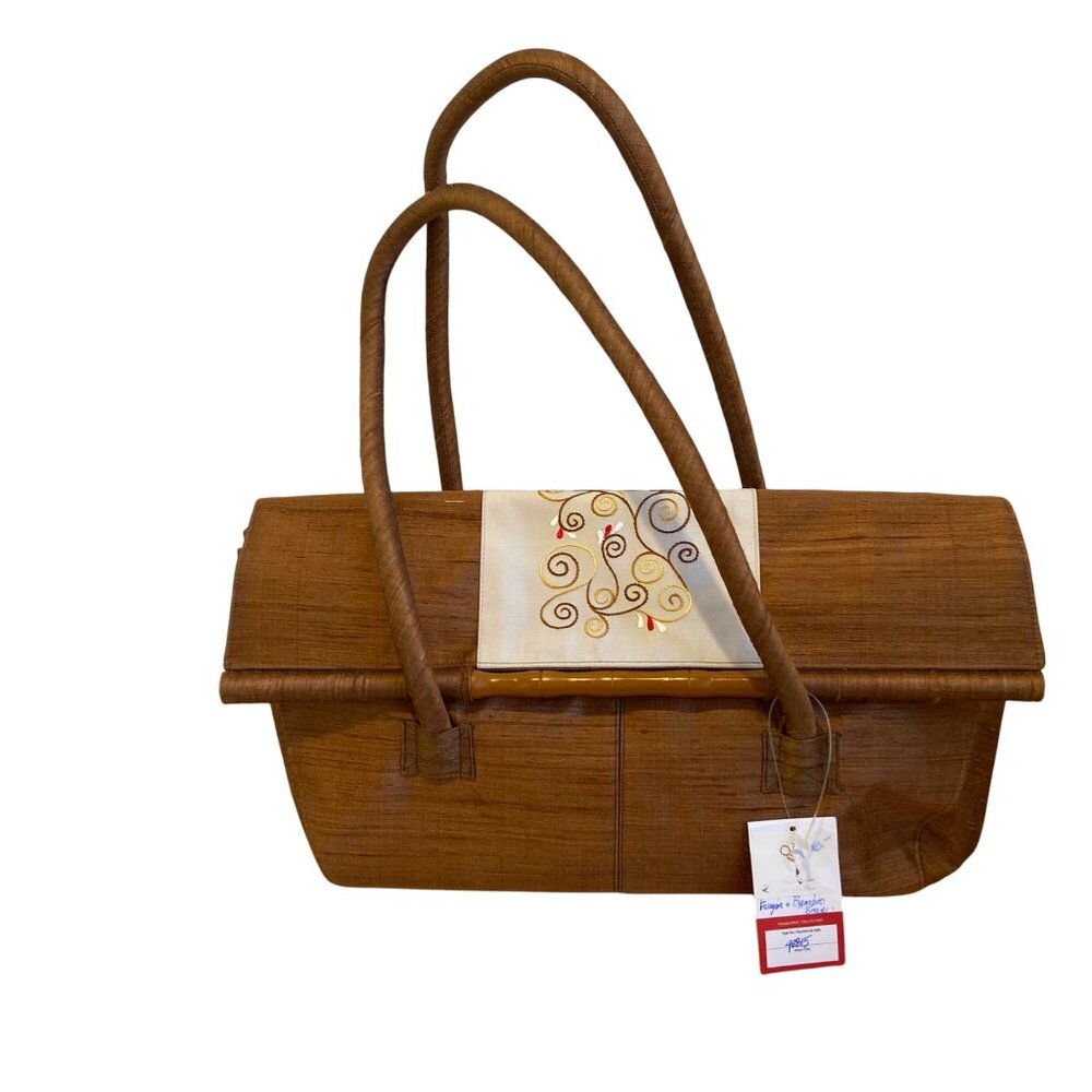 Vintage NWT Handcrafted Bamboo Fiber Handbag With Embroidered Flap By Concubine